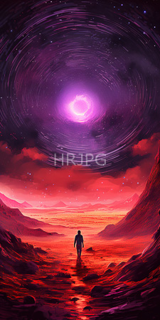 High Resolution: Ethereal surreal landscape at sunset vivid red purple hues lone silhouetted figure walks towards glowing celestial rings starry sky download. | HRJPG.com