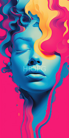 High Resolution: Abstract blue-toned woman closed eyes serene expression vibrant pink background curly hair blends vivid colors fluid textures download. | HRJPG.com