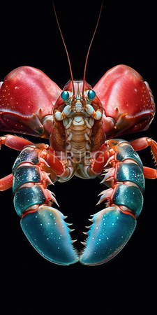 High Resolution: Intricately detailed vibrant red blue lobster black background crustacean's large claws exhibit iridescent turquoise hues white speckles download. | HRJPG.com