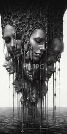 High Resolution: Black-and-white human faces emerging abstract dripping liquid structure above water ripples reflective surface fluid appears to melt download. | HRJPG.com