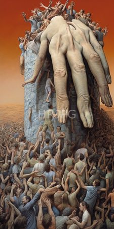 High Resolution: Oil painting Salvador Dalí "The Temptation of Saint Anthony" people climbing reaching towards large pale hands emerging from atop stone column download. | HRJPG.com