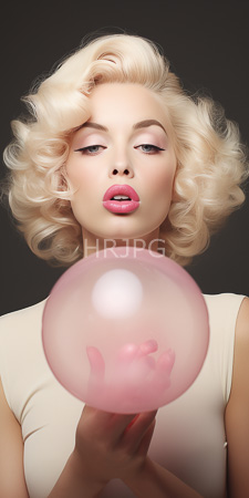 High Resolution: Attractive fair-skinned woman platinum blonde curls pink lipstick blowing into translucent bubble gum balloon held by her hand download. | HRJPG.com