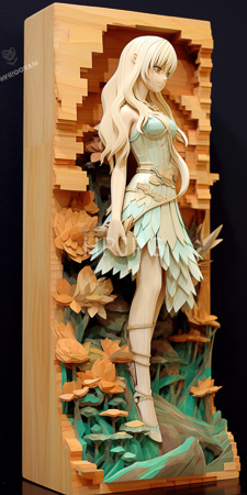 High Resolution: Intricately carved wooden sculpture anime-style female character long wavy blonde hair green eyes leaf-like dress thigh-high boots download. | HRJPG.com
