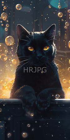 High Resolution: Alert black cat striking yellow eyes peering over dark surface adorned by floating bubbles warm golden light soft shadows download. | HRJPG.com