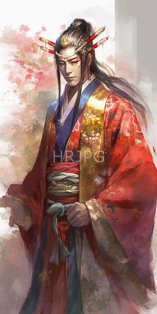 High Resolution: Elegant Asian man long black hair ornate red gold traditional Japanese kimono floral patterns intricate golden headpieces horns download. | HRJPG.com