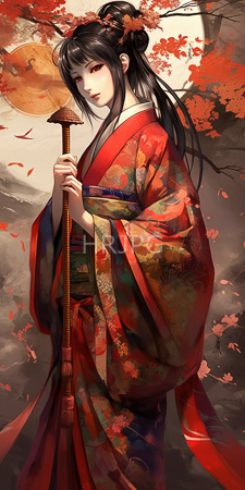 High Resolution: Asian woman long black hair traditional red green floral kimono holding wooden staff autumnal background vibrant orange leaves download. | HRJPG.com