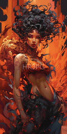 High Resolution: African-American woman dark curly hair glowing skin standing against fiery orange flames revealing burnt-orange crop top toned midriff download. | HRJPG.com