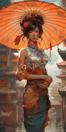 High Resolution: East Asian woman fair skin dark hair intricate updo traditional floral-patterned qipao dress holding orange parasol ancient Chinese street backdrop download. | HRJPG.com