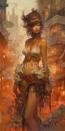 High Resolution: Attractive tan-skinned Asian woman dark hair loose waves ornate headpiece standing confidently amid ruins vibrant orange buildings download. | HRJPG.com