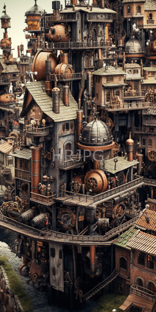 High Resolution: Steampunk-style industrial cityscape towering buildings copper pipes domes weathered wood textures green-tiled roofs mechanical components gears valves download. | HRJPG.com