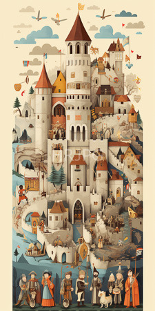 High Resolution: Intricate medieval castle village tall central tower red roof white walls smaller buildings knights villagers at different levels download. | HRJPG.com