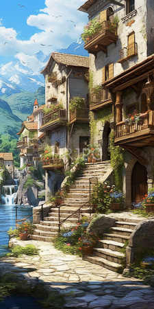 High Resolution: Idyllic sunlit Alpine village stone buildings lush greenery vibrant flowers on balconies staircase leads up wooden doors rustic houses download. | HRJPG.com