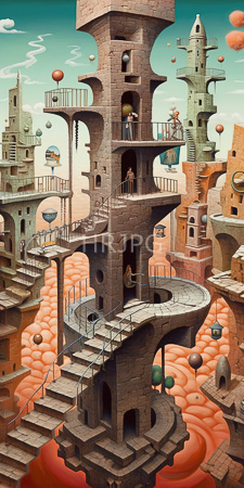 High Resolution: Intricate surreal fantastical architecture winding staircases balconies tall stone towers amidst floating balloons cloudy sky orange clouds download. | HRJPG.com