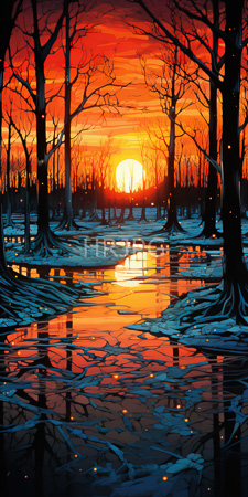 High Resolution: Eerie winter forest at sunset bare trees silhouetted against vibrant orange red skies reflections of sunlight shimmer icy puddles download. | HRJPG.com