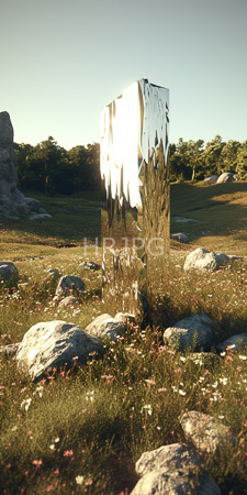 High Resolution: Outdoor sculpture sunlight tall rectangular metal structure jagged edges reflective surfaces waterfalls tears cascading down grassy field download. | HRJPG.com