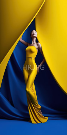 High Resolution: Elegant dark-skinned woman closed eyes poised expression standing front of flowing yellow fabric draped over blue cloth download. | HRJPG.com