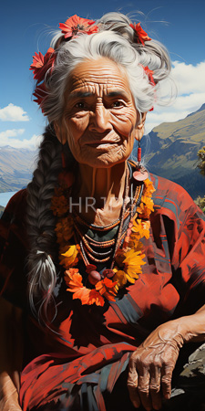 High Resolution: Elderly Native American woman deep wrinkles white hair in braids red flowers orange leis traditional patterned dress bead necklaces download. | HRJPG.com