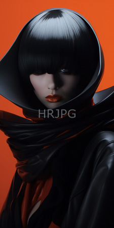 High Resolution: Androgynous figure pale skin black bob haircut sleek hooded cloak intense blue eyes peek through bangs red lips download. | HRJPG.com