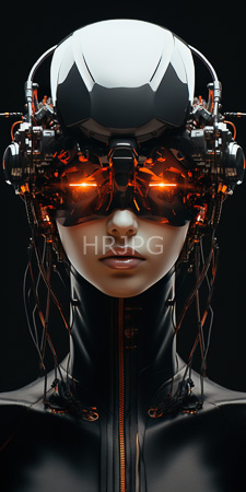 High Resolution: Androgynous pale-skinned humanoid sleek black latex-like attire orange glowing visor eyes metallic cybernetic headgear intricate wires futuristic sci-fi download. | HRJPG.com