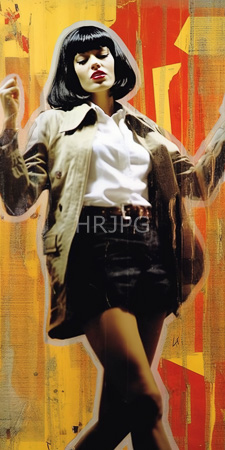 High Resolution: Abstract painting woman pale skin black bob haircut red lipstick beige trench coat white blouse dark shorts vibrant geometric shapes download. | HRJPG.com