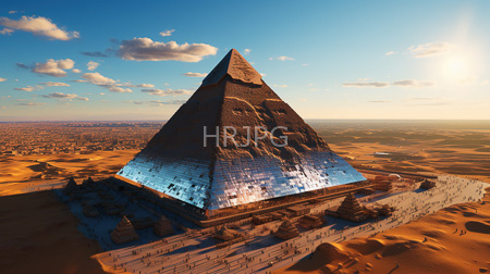 High Resolution: Egypt's Great Pyramid at sunset base illuminated by blue white lights resembling ancient hieroglyphs vast orange desert sands download. | HRJPG.com