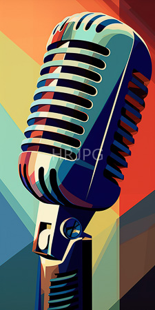 High Resolution: Old-fashioned colorful microphone blue red stripes on its grille geometrically patterned background orange yellow green teal brown download. | HRJPG.com