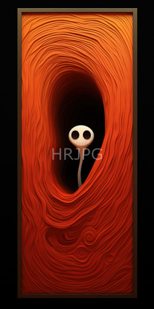 High Resolution: Abstract surreal scene vibrant red orange swirling patterns forming tunnel-like textures around two large black holes white alien head download. | HRJPG.com