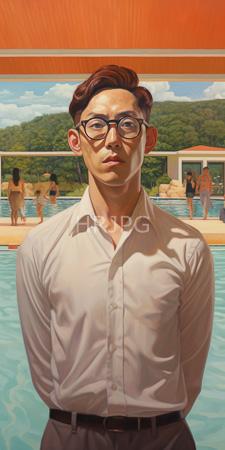 High Resolution: Asian man short brown hair black-rimmed glasses white dress shirt standing poolside orange shade structure people swimming clear blue water download. | HRJPG.com