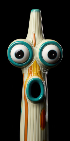High Resolution: Abstract ceramic sculpture three large round eyes turquoise white frames vertical ridges painted cream-yellow-orange black background download. | HRJPG.com