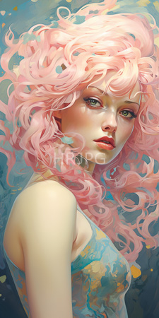 High Resolution: Ethereal woman flowing pastel pink curly hair fair skin colorful abstract background blue-green hues yellow splashes striking green eyes download. | HRJPG.com