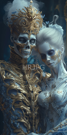 High Resolution: Ethereal pale-skinned figures skeletal features intricate gold armor-like patterns ornate skull wearing elaborate golden headgear white-haired woman download. | HRJPG.com