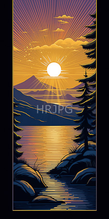 High Resolution: Evening sunset over calm lake radiant sun rays purple-orange sky hues reflecting on water's surface silhouetted pine trees download. | HRJPG.com