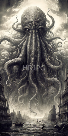 High Resolution: Monochromatic enormous octopus textured skin numerous tentacles looming over foggy harbor small boats calm water tall buildings download. | HRJPG.com