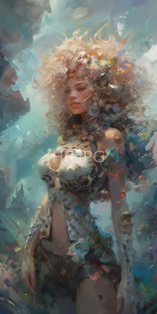 High Resolution: Ethereal curly-haired woman fair skin large breasts ornate white lace clothing abstract blue-green background hair blends colorful swirls download. | HRJPG.com