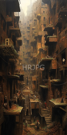 High Resolution: Oil painting dense narrow alleyway ancient medieval Middle Eastern architecture multi-story brick buildings mossy roofs small balconies download. | HRJPG.com