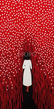 High Resolution: Anonymous figure white dress viewed from behind standing on black ground amidst red wavy lines circular patterns vibrant gradient background download. | HRJPG.com