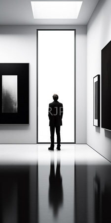 High Resolution: Black-and-white man dark suit standing back to camera centered large bright window reflections glossy floor framed abstract artworks download. | HRJPG.com