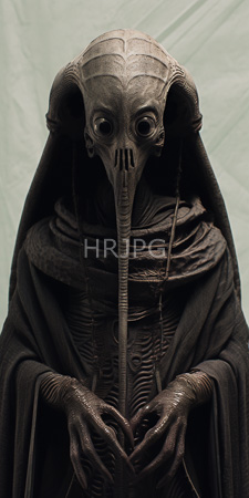 High Resolution: Eerie detailed sculpture humanoid figure skeletal features insect-like characteristics dark tones light green fabric background large hollow eyes download. | HRJPG.com