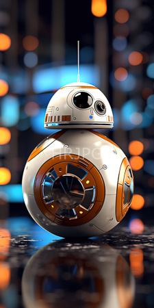 High Resolution: R2-D6 astromech droid Star Wars white orange panels standing on reflective black surface futuristic setting colorful bokeh lights download. | HRJPG.com