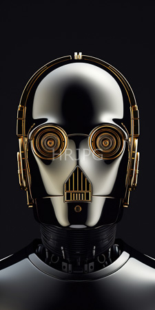High Resolution: Android head reflective silver metallic skin gold-accented headphones covering its ears large circular golden eyes black sockets download. | HRJPG.com