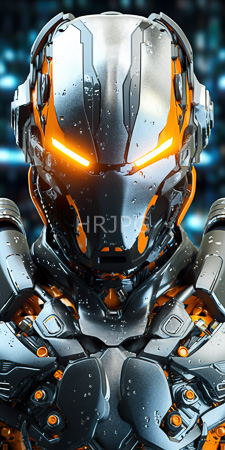 High Resolution: Armored futuristic soldier metallic silver orange-accented helmet glowing eyes water droplets on armor blurred blue lights technology download. | HRJPG.com