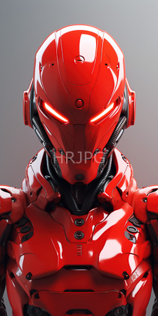 High Resolution: Armored humanoid figure bright red futuristic exosuit sleek lines glowing blue accents helmet visor gradient gray silver download. | HRJPG.com