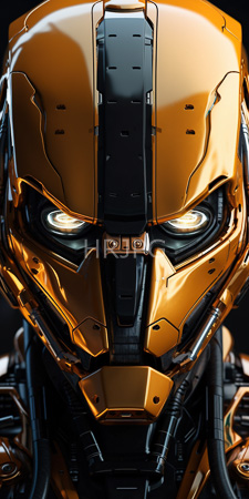 High Resolution: Intimidating golden robotic face sleek metallic textures black accents centerline glowing white eyes angular visor-like structures rivets download. | HRJPG.com