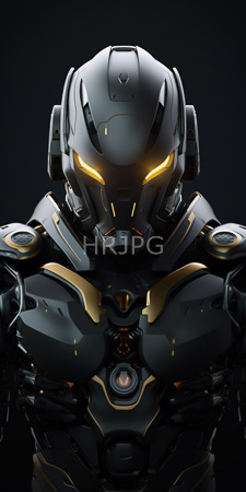 High Resolution: Armored humanoid figure sleek black gold futuristic armor glowing yellow eyes on helmet dark background intricate mechanical details download. | HRJPG.com