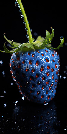 High Resolution: Vibrant blue strawberry red seeds water droplets black background green calyx stem glossy texture high contrast lighting download. | HRJPG.com