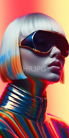 High Resolution: Androgynous person pale skin white bob haircut black reflective sunglasses full lips shiny multicolored latex clothing reflects vibrant red download. | HRJPG.com