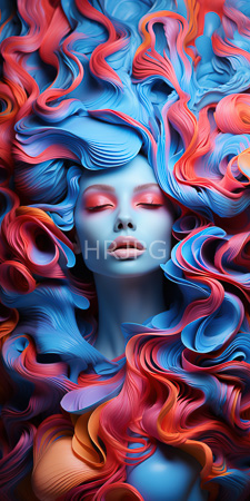 High Resolution: Ethereal blue-skinned woman closed eyes pink eyeshadow lying amidst swirling waves vibrant reds blues pinks oranges flowing fabric download. | HRJPG.com
