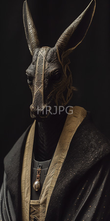High Resolution: Anthropomorphic creature dark textured goat-like head prominent horns intricate facial markings black robe gold accents red beads download. | HRJPG.com