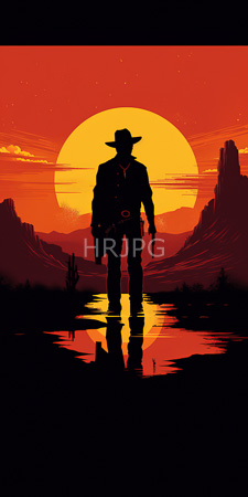 High Resolution: Anthropomorphic silhouette resembling cowboy wide-brimmed hat gun holster standing shallow water sunset vibrant red-orange sky reflection download. | HRJPG.com