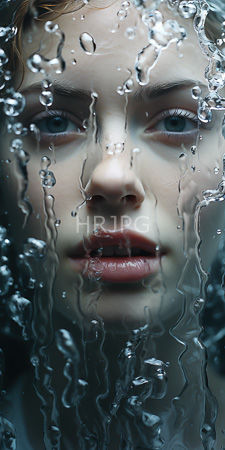High Resolution: Close-up light-skinned woman blue eyes red lips behind water droplets on glass face partially obscured clear liquid streaks download. | HRJPG.com